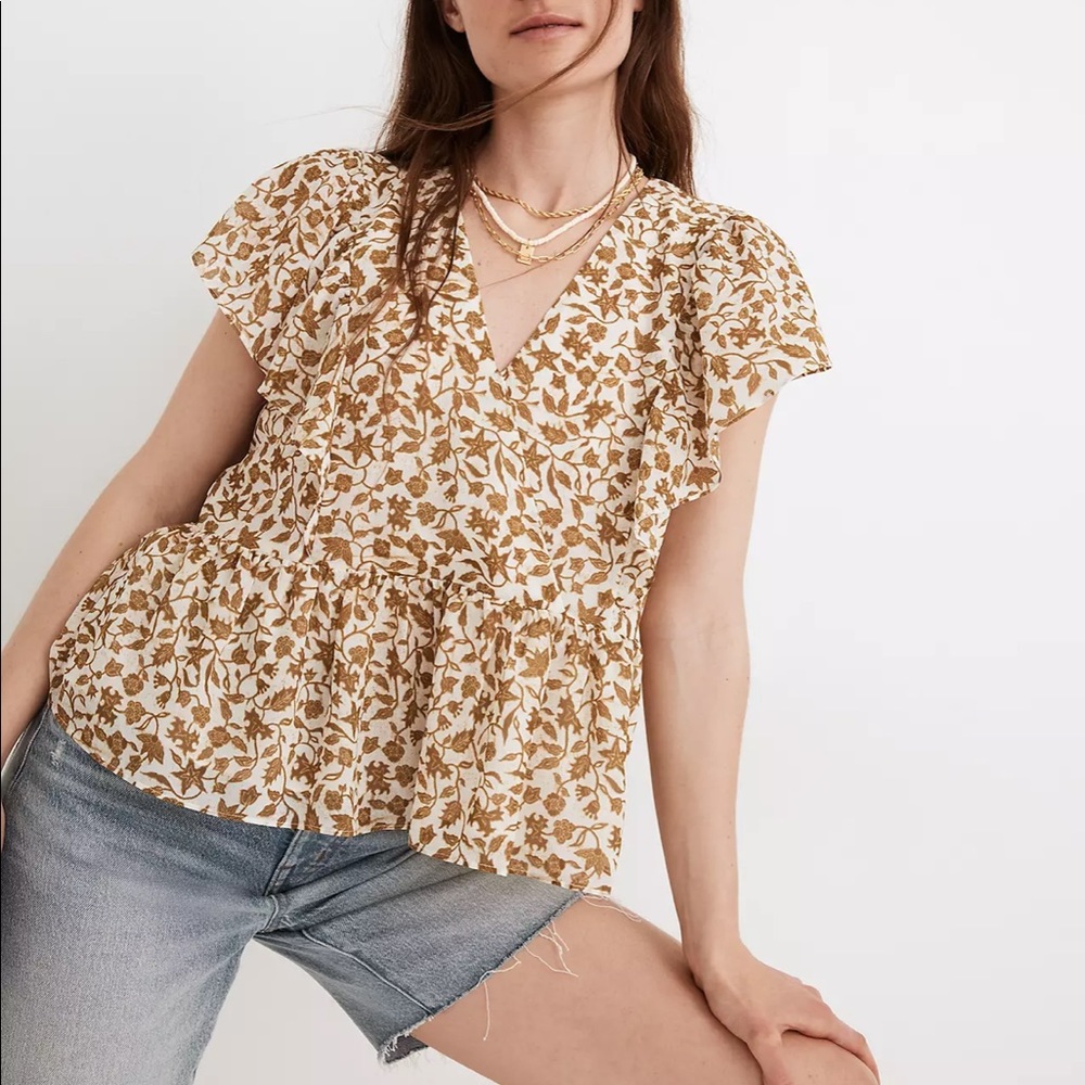 Madewell Crinkle Georgette Flutter-Sleeve Peplum Top in Batik Vine